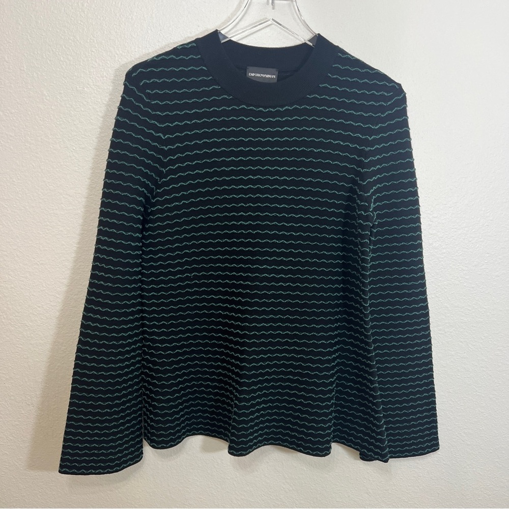Emporio Armani Wave Knit Sweater Black Teal Textured Crewneck IT 44